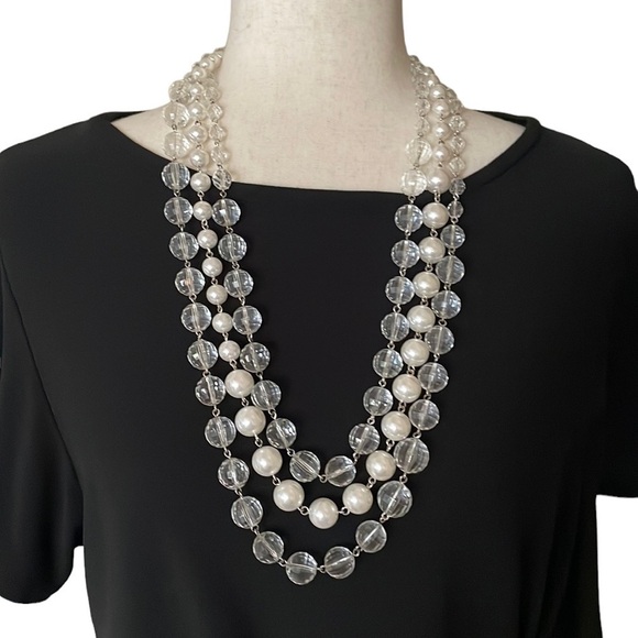 White House Black Market Faux Pearl & Crystal Bauble Silver 3 Strand Necklace - Picture 1 of 3